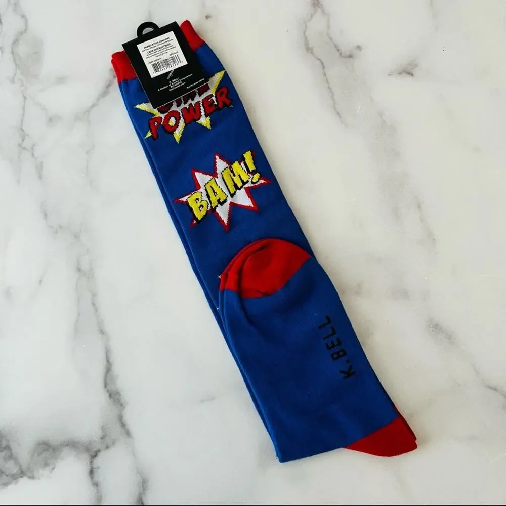 K. Bell Girl Power Pow Bam blue red yellow white knee high socks